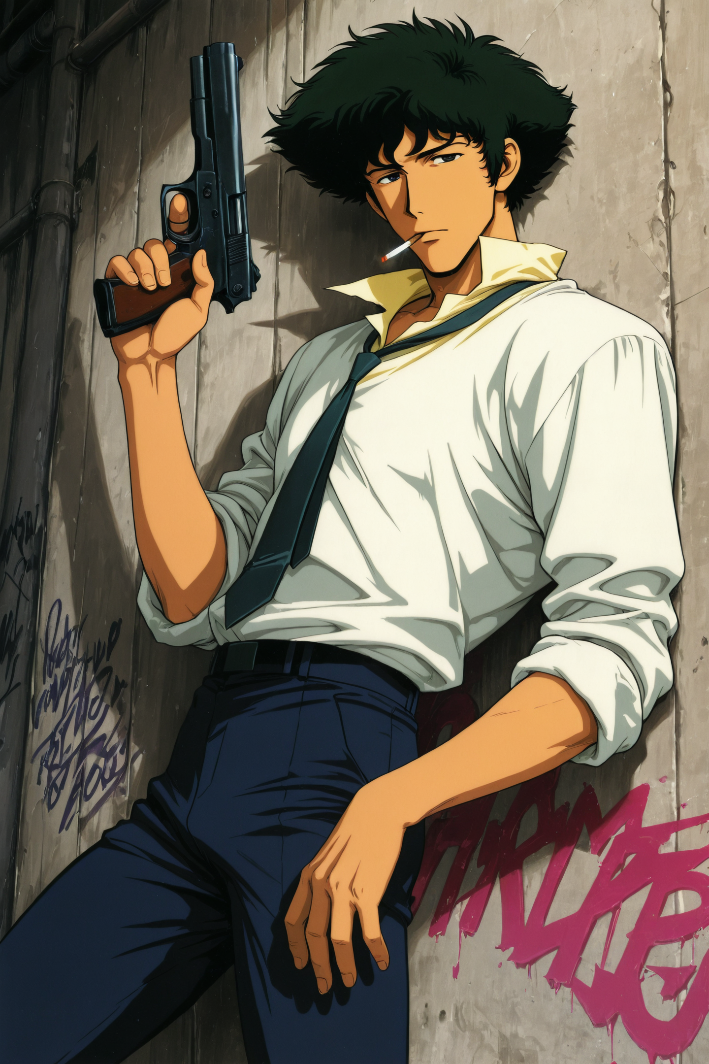 45294-825903272-Spike Spiegel,graffiti,1boy,male focus,solo,cigarette,necktie,black hair,smoking,shirt,against wall,pants,mouth hold,white shirt.png